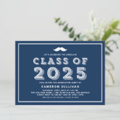 Navy Blue Class 2025 Mustache Retro Abschluss Einladung (Stehend Vorderseite)