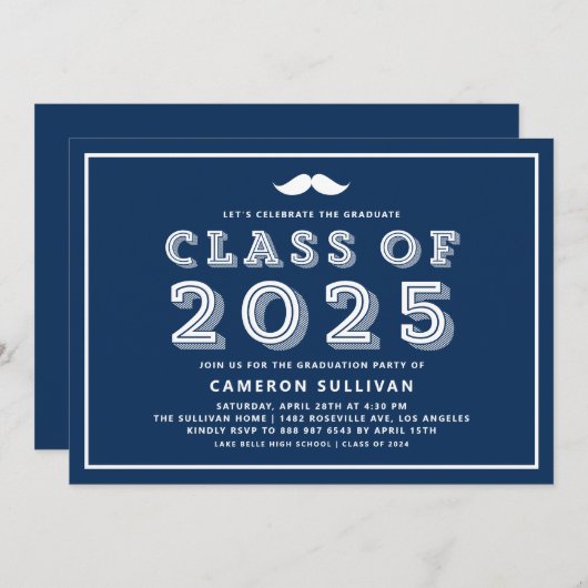 Navy Blue Class 2025 Mustache Retro Abschluss Einladung (Vorne/Hinten)