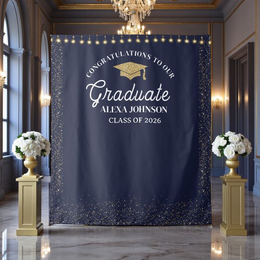 Navy Blue Class Of 2026 Graduation Backdrop Wandteppich