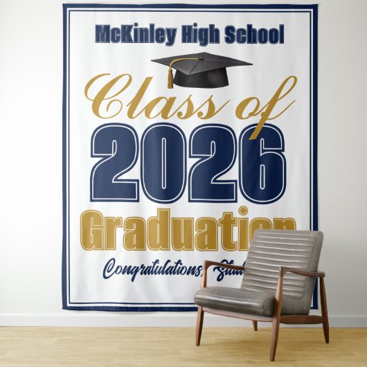 Navy Blue Class of 2026 Graduation Photo Booth Wandteppich (Beispiel)