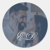 Navy Blue Classic Calligraphy Monogram Foto Runder Aufkleber (Vorderseite)