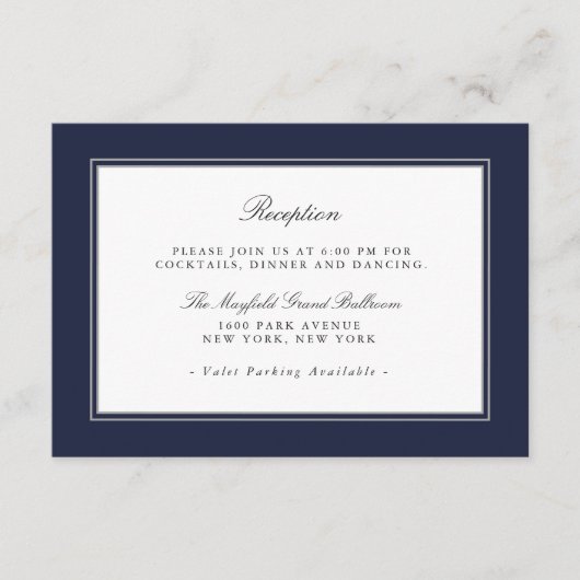 Navy Blue Classic Elegant Wedding Empfang Begleitkarte (Vorderseite)