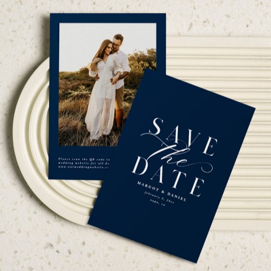 Navy Blue Classic Foto Save the Date QR Codes