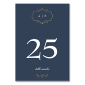 navy blue classic gold crest monogram wedding tischnummer (Rückseite)