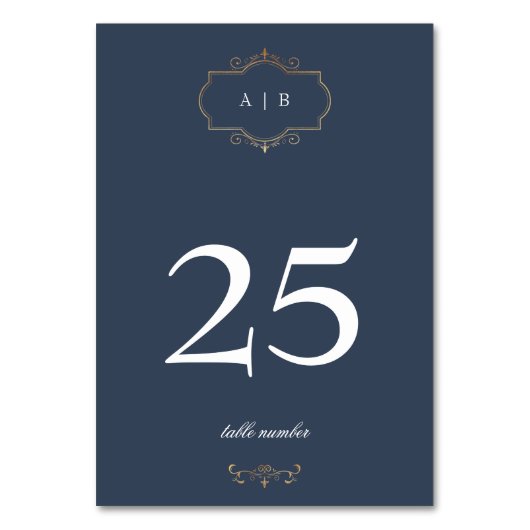 navy blue classic gold crest monogram wedding tischnummer (Vorderseite)