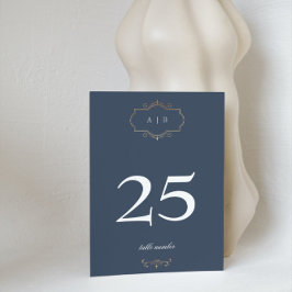 navy blue classic gold crest monogram wedding tischnummer