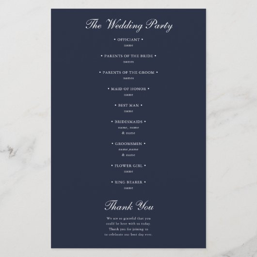 Navy Blue Classic Minimalistisch Wedding Program (Rückseite)