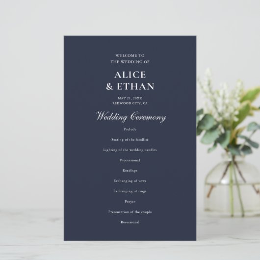 Navy Blue Classic Minimalistisch Wedding Program (Stehend Vorderseite)