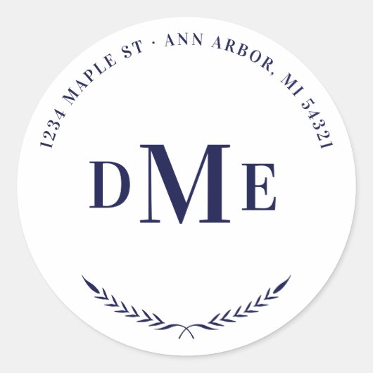 Navy Blue Classic Monogram Rücksendeadresse Runder Aufkleber (Vorderseite)