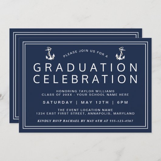 Navy Blue Classic Nautical Abschluss Einladung (Vorne/Hinten)