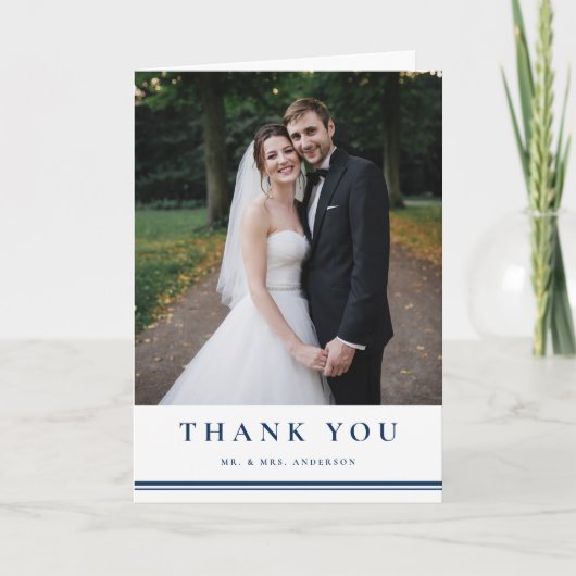Navy Blue Classic Typografy Striped Wedding Dankeskarte (Vorderseite)