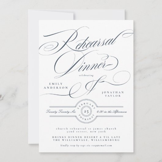 Navy Blue Classy Elegant Wedding Rehearsal Dinner Einladung (Vorderseite)
