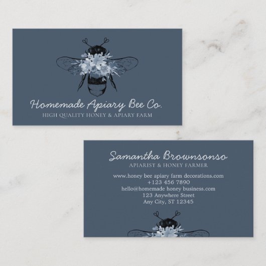 Navy Blue Classy Heart Floral Honey Biene Visitenkarte (Vorne/Hinten)