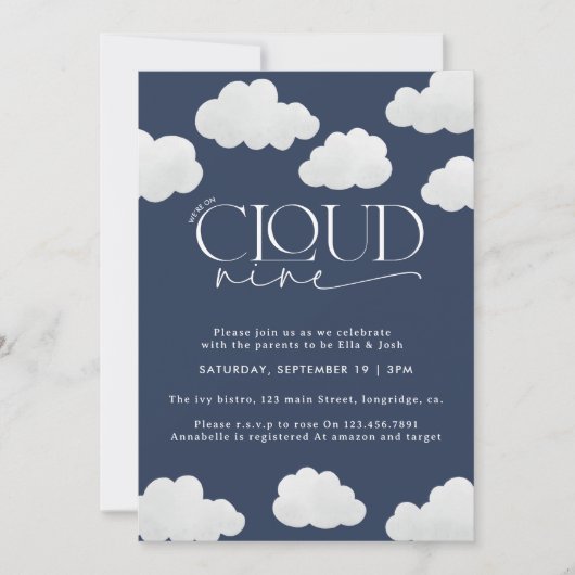 Navy Blue Cloud 9 Dusche modern stilvoll Einladung (Vorderseite)
