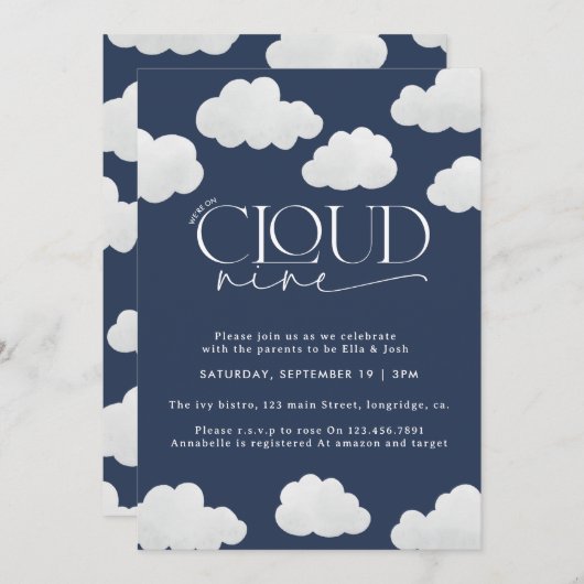 Navy Blue Cloud 9 Dusche modern stilvoll Einladung (Vorne/Hinten)