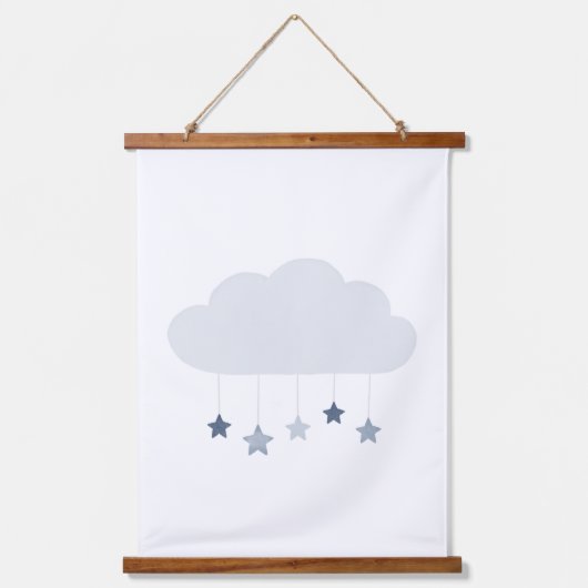 Navy Blue Cloud and Stars Boy Kinderzimmer Wandteppich Mit Holzrahmen (Vorderseite)