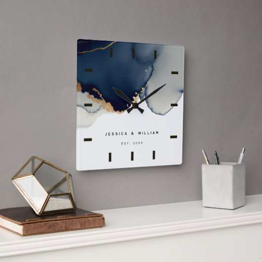 Navy Blue Coastal Nautical Anniversary Keepake Quadratische Wanduhr (Büro)