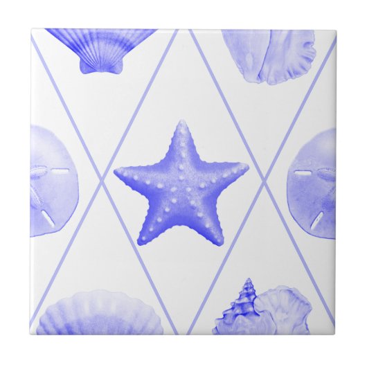 Navy Blue Coastal Seashells Starfish Fliese (Vorderseite)
