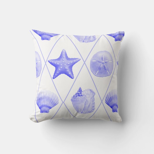 Navy Blue Coastal Seashells Starfish Kissen (Vorderseite)