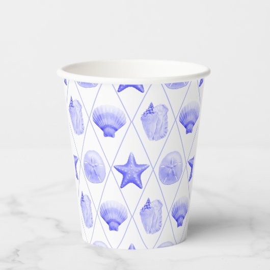 Navy Blue Coastal Seashells Starfish Pappbecher (Vorderseite)