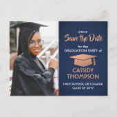 Navy Blue & Copper Abschluss Foto Save the Date Postkarte (Vorderseite)