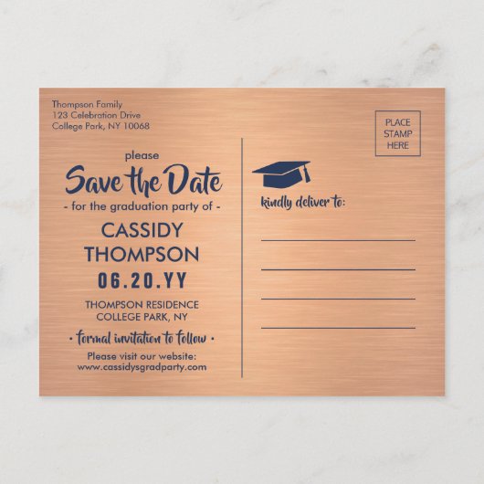 Navy Blue & Copper Abschluss Foto Save the Date Postkarte (Rückseite)