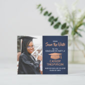 Navy Blue & Copper Abschluss Foto Save the Date Postkarte (Stehend Vorderseite)