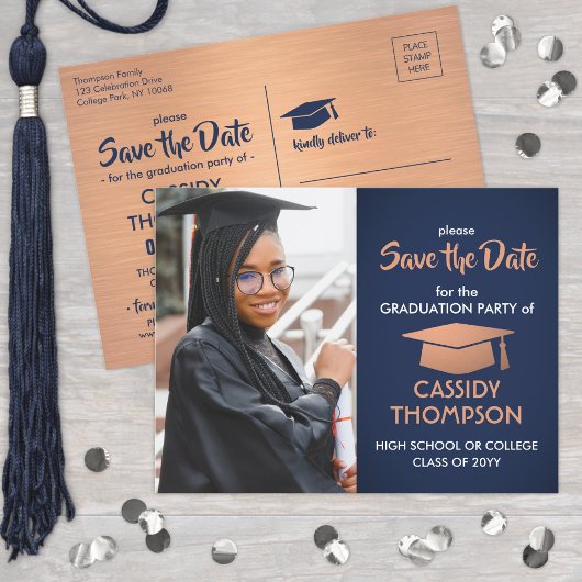 Navy Blue & Copper Abschluss Foto Save the Date Postkarte