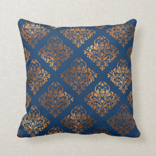 Navy Blue Copper Antique Gold Damask Muster Kissen