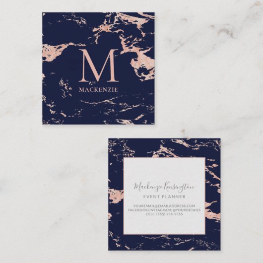 Navy Blue Copper Rose Gold Foil Marmor Monogram Quadratische Visitenkarte (Vorne/Hinten)