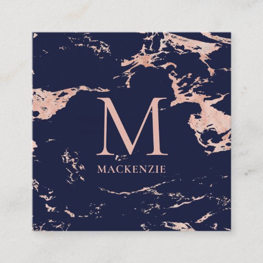 Navy Blue Copper Rose Gold Foil Marmor Monogram Quadratische Visitenkarte (Vorderseite)