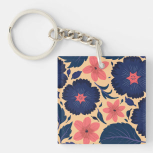 Navy Blue & Coral Blume auf warmen Creme Backgroun Schlüsselanhänger