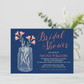 Navy Blue Coral Blume Mason Jar Brautparty Einladung (Stehend Vorderseite)