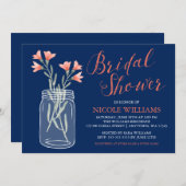 Navy Blue Coral Blume Mason Jar Brautparty Einladung (Vorne/Hinten)