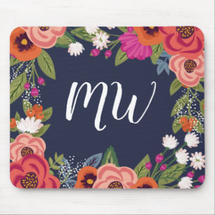 Navy Blue Coral Boho Blume Frame Mit Monogramm Mousepad