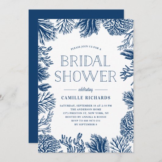 Navy Blue Coral Reefs rahmen nautisches Brautparty Einladung (Vorne/Hinten)
