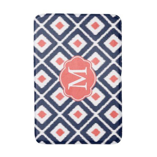Navy Blue, Coral, White Ikat Diamond Pattern Badematte (Vorderseite Vertikal)