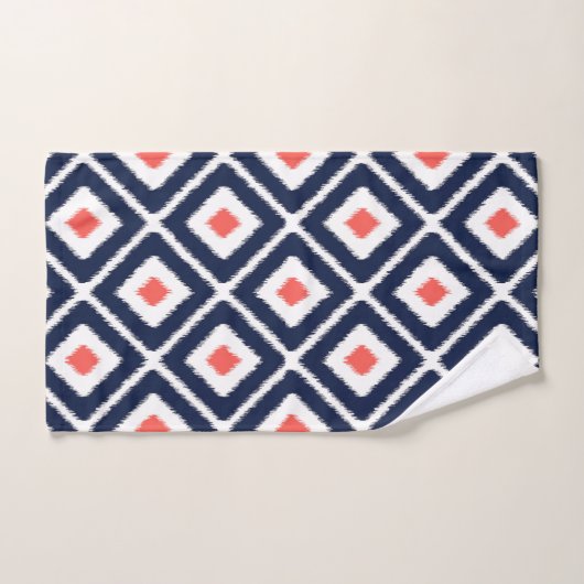 Navy Blue, Coral, White Ikat Diamond Pattern Badhandtuch Set (Handtuch)