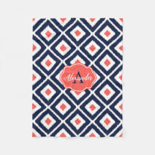 Navy Blue, Coral, White Ikat Diamond Pattern Fleecedecke