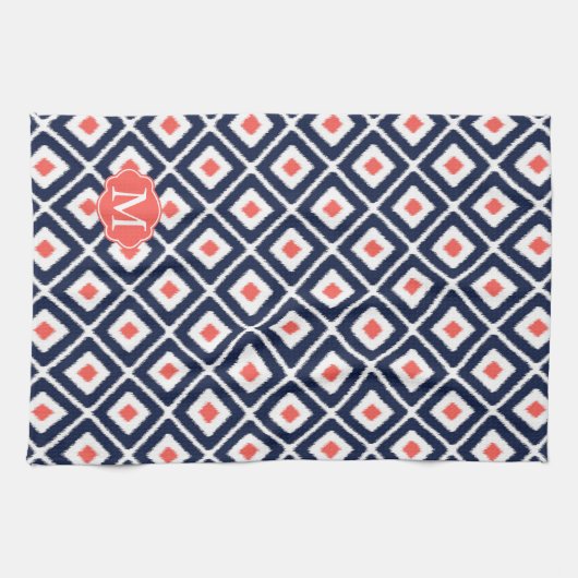 Navy Blue, Coral, White Ikat Diamond Pattern Geschirrtuch (Horizontal)