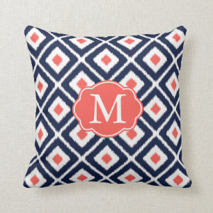 Navy Blue, Coral, White Ikat Diamond Pattern Kissen