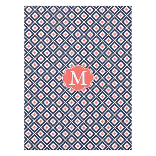 Navy Blue, Coral, White Ikat Diamond Pattern Tischdecke (Vorderseite)