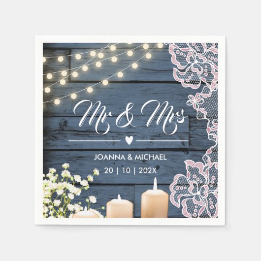Navy Blue Country Holz String Lights Lace Mr & Mrs Serviette (Vorderseite)