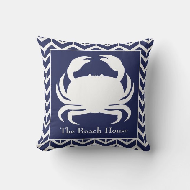 Navy Blue Crab Herringbone personalize Nautical Kissen (Vorderseite)