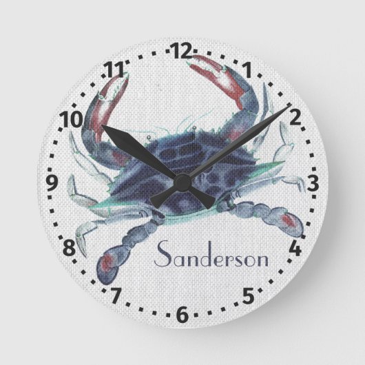 Navy blue crab watercolor nautical coastal runde wanduhr (Vorderseite)