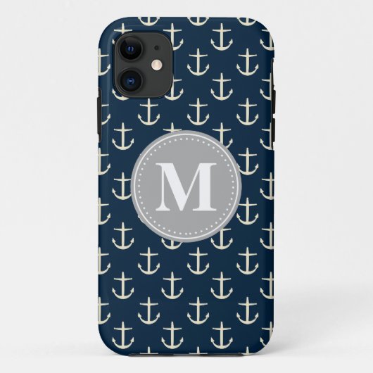 Navy Blue Cream Anchor Muster Grau Monogramm Case-Mate iPhone Hülle (Rückseite)