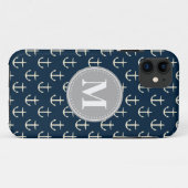 Navy Blue Cream Anchor Muster Grau Monogramm Case-Mate iPhone Hülle (Rückseite (Horizontal))