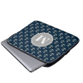 Navy Blue Cream Anchor Muster Grau Monogramm Laptopschutzhülle (Vorne Knopf)