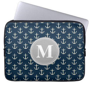 Navy Blue Cream Anchor Muster Grau Monogramm Laptopschutzhülle
