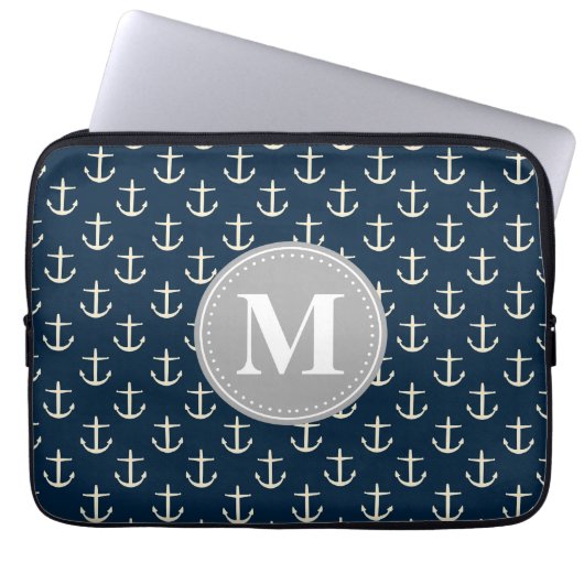 Navy Blue Cream Anchor Muster Grau Monogramm Laptopschutzhülle (Vorderseite)